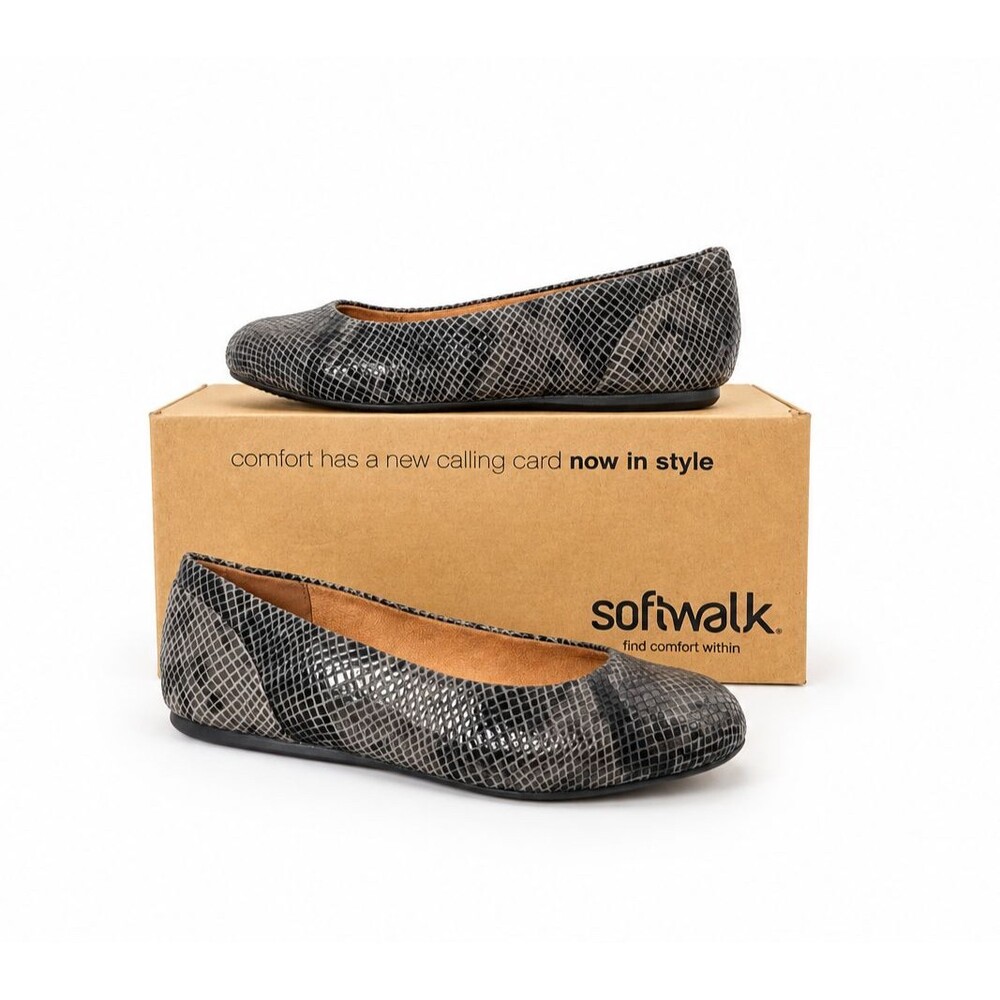 SoftWalk Womens 6 WW Grey Snakeskin Leather Ballet Flats Extra Wide Comfort
